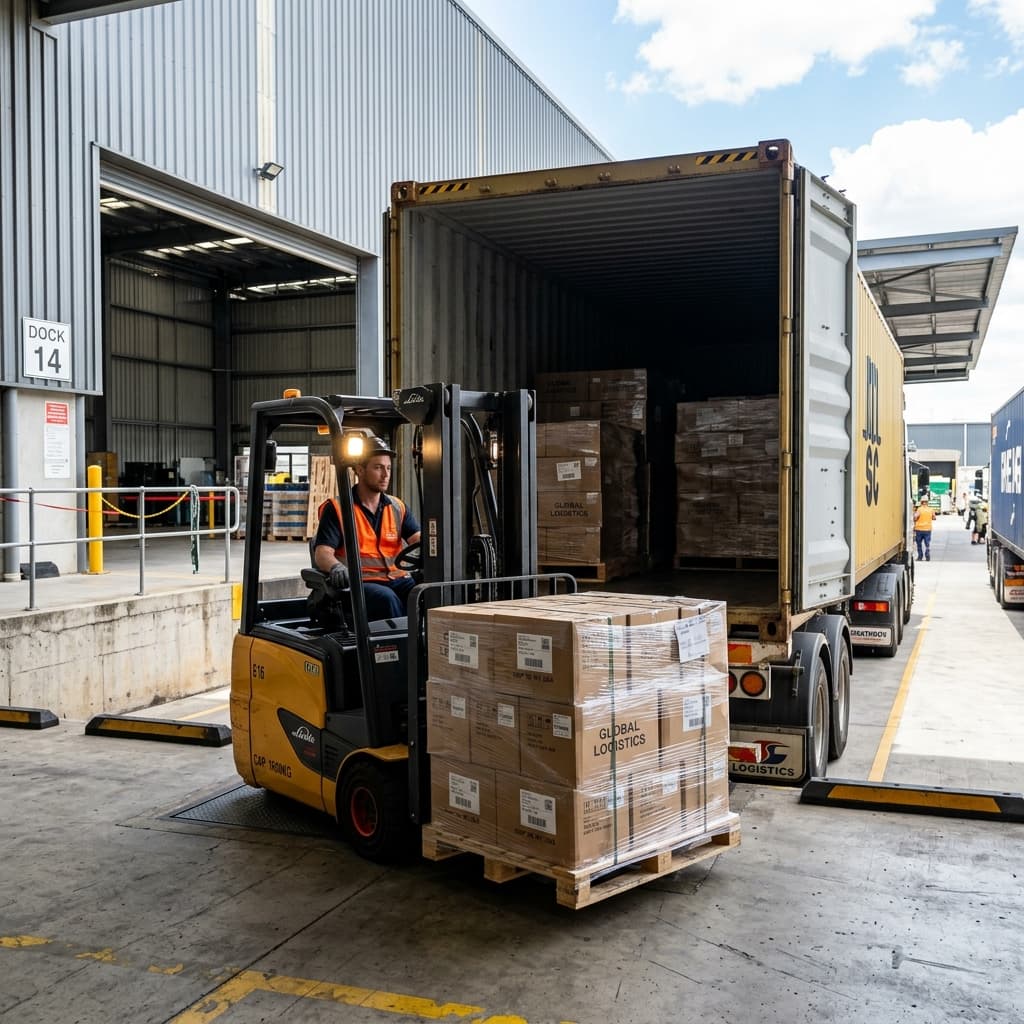 Forklift loading shipping container truck